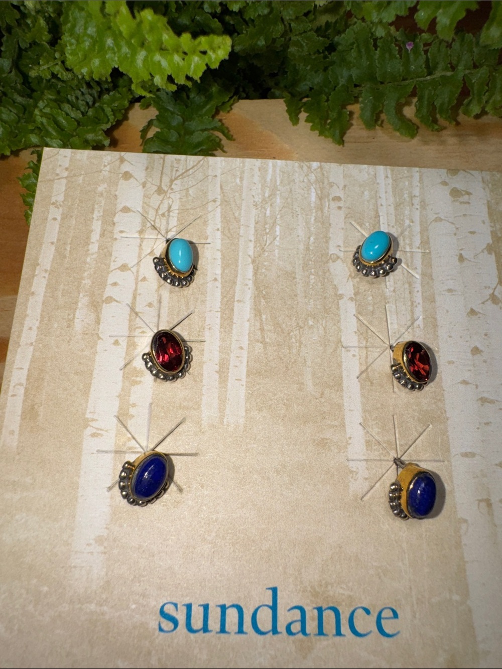 Sundance Trio of Oval Stone Stud Earrings in Turquoise, Red, and Blue